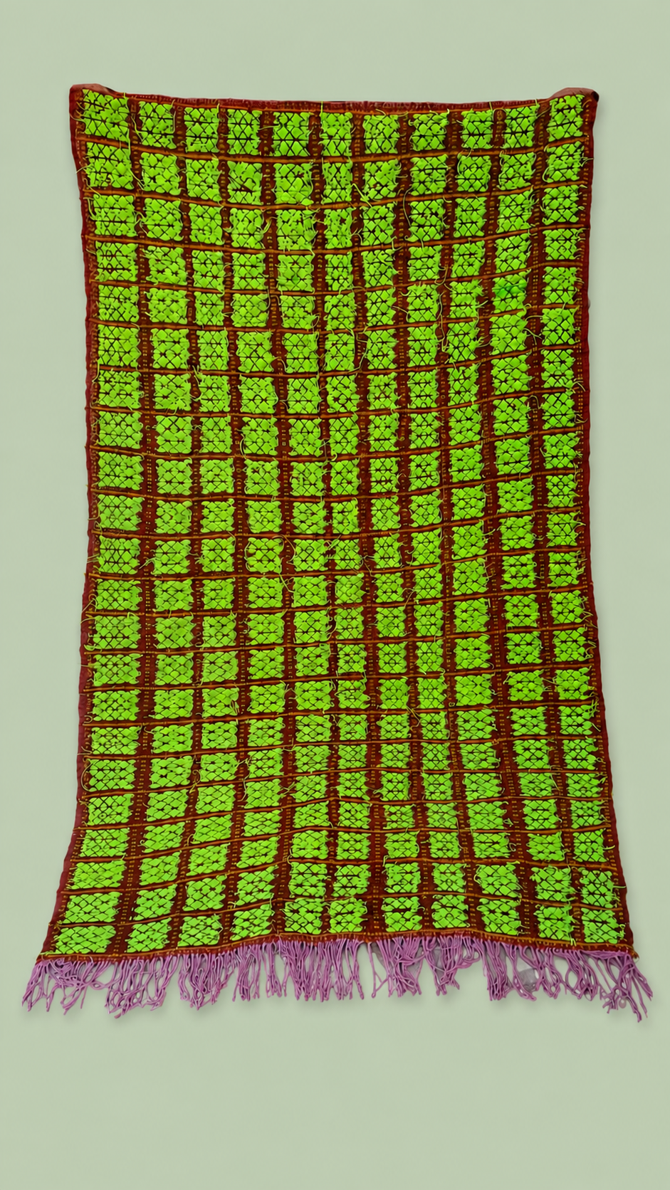 Handgeweven Berber tapijt – Limegroen & Bordeaux – 230 × 140 cm