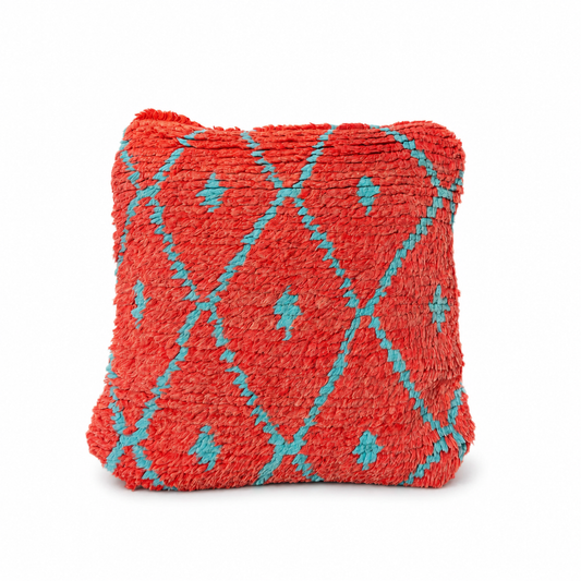 Handgemaakt Marokkaans kussen – koraalrood & turquoise, achterkant speelse streep - 45x45