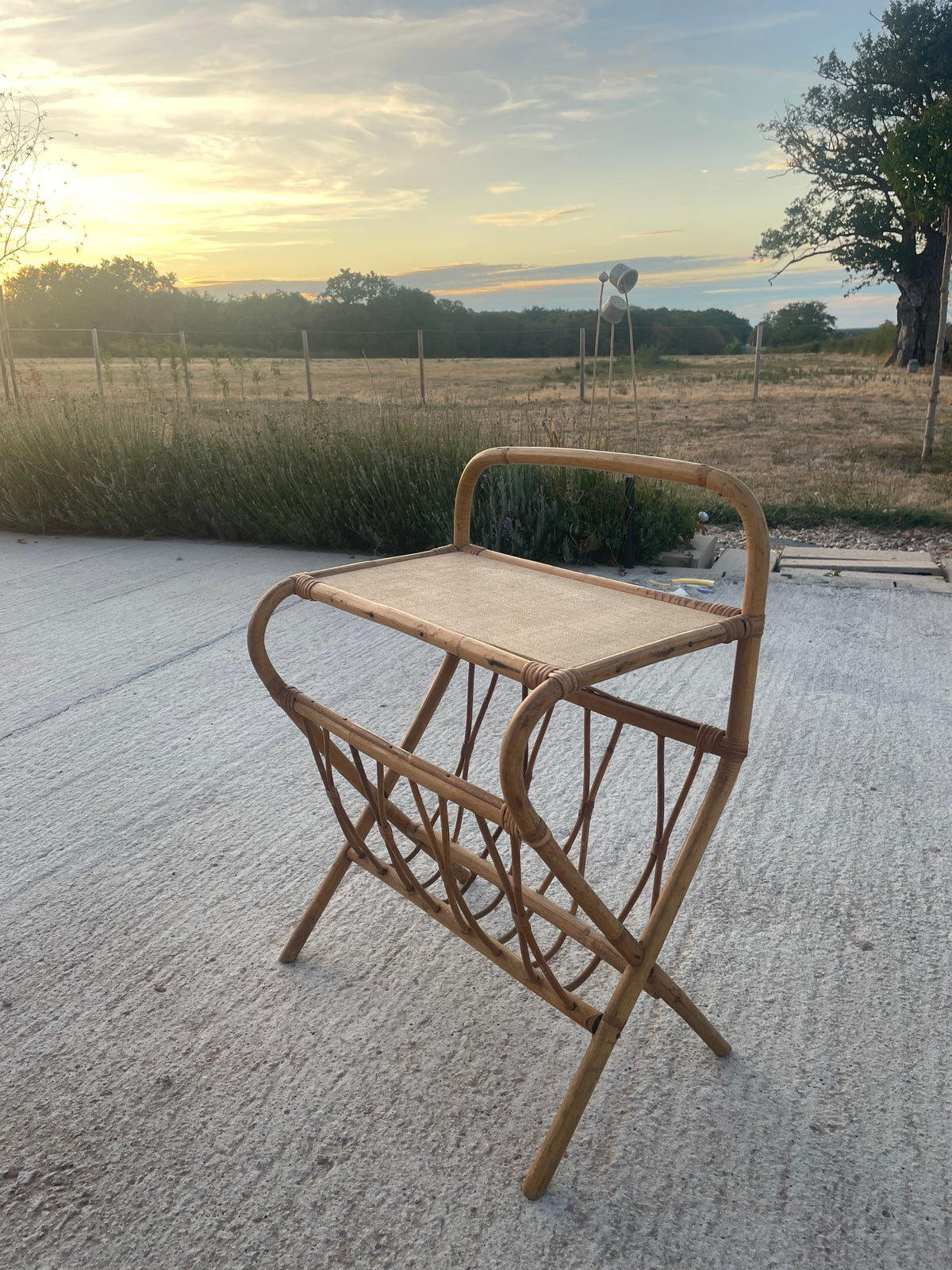 Vintage rotan bijzettafel met lectuurbak