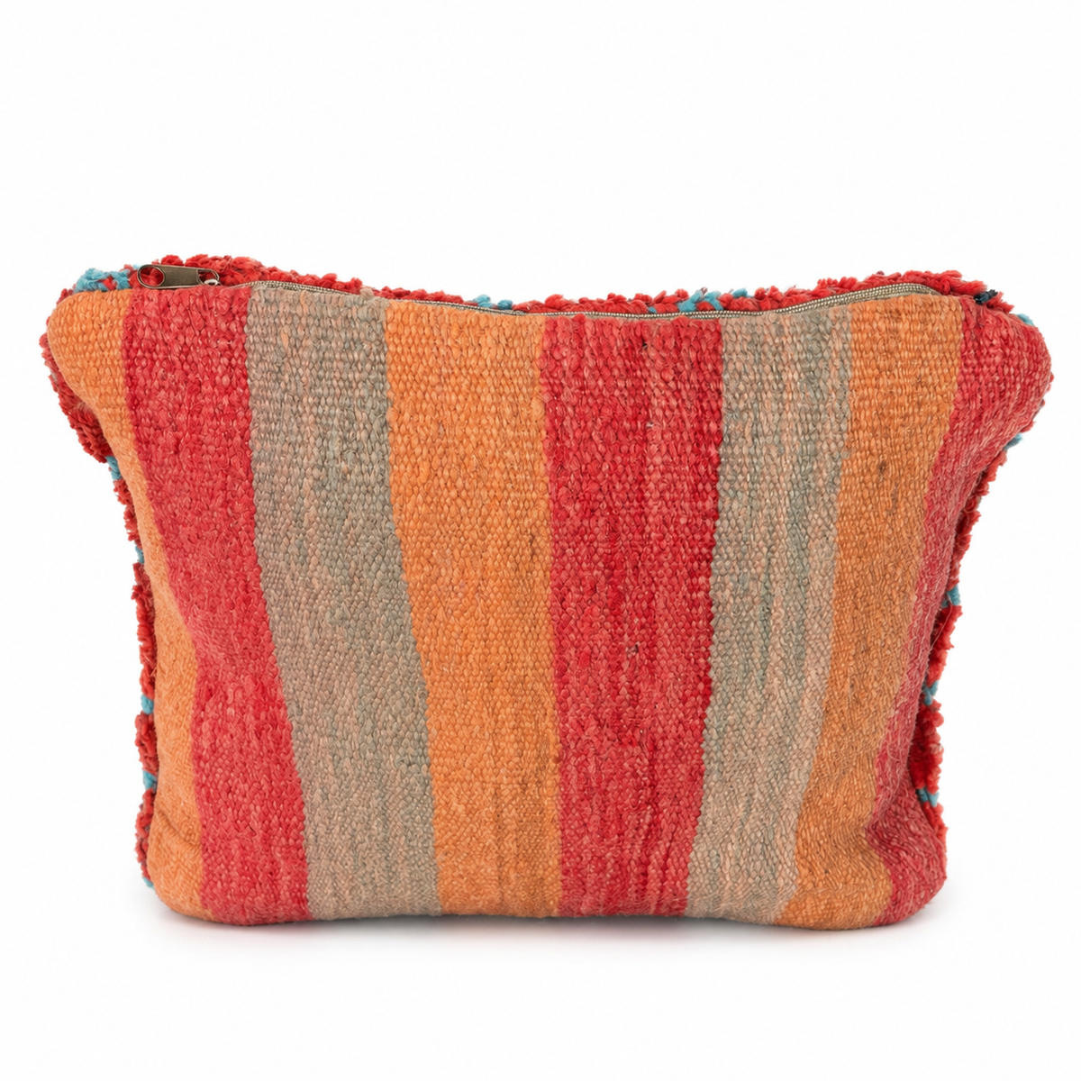 Handgemaakt Marokkaans kussen – koraalrood & turquoise, achterkant speelse streep - 45x45