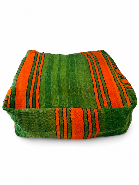 Handgemaakte Marokkaanse poef in groen en oranje - 63x63