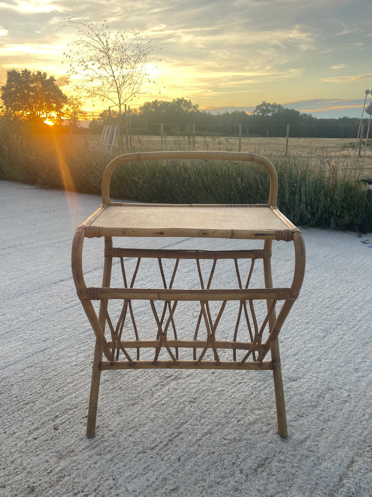 Vintage rotan bijzettafel met lectuurbak