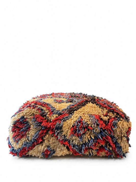 Handgemaakte Berberpoef – speels grafisch in rood en blauw - 60x60