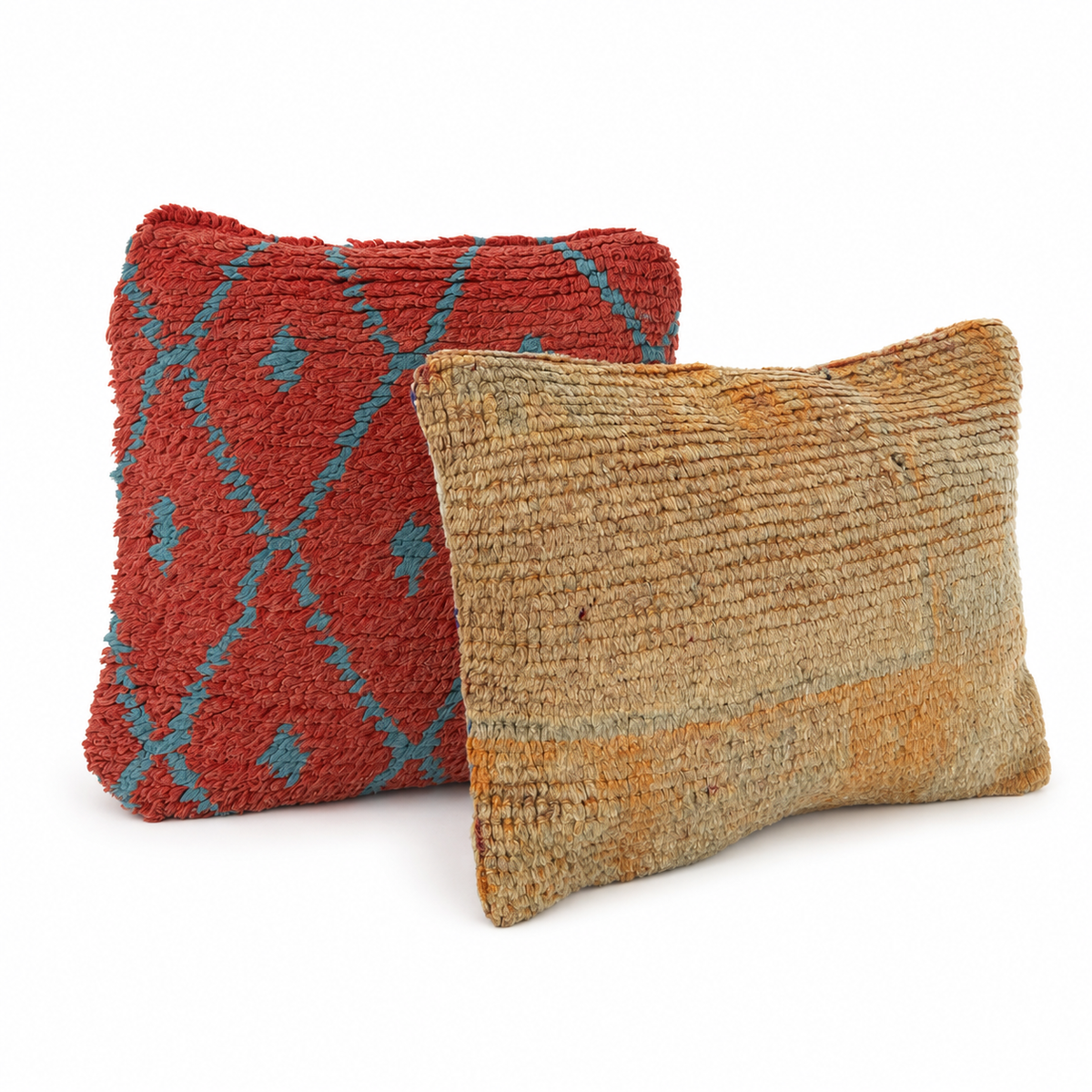 Handgemaakt Marokkaans kussen – koraalrood & turquoise, achterkant speelse streep - 45x45