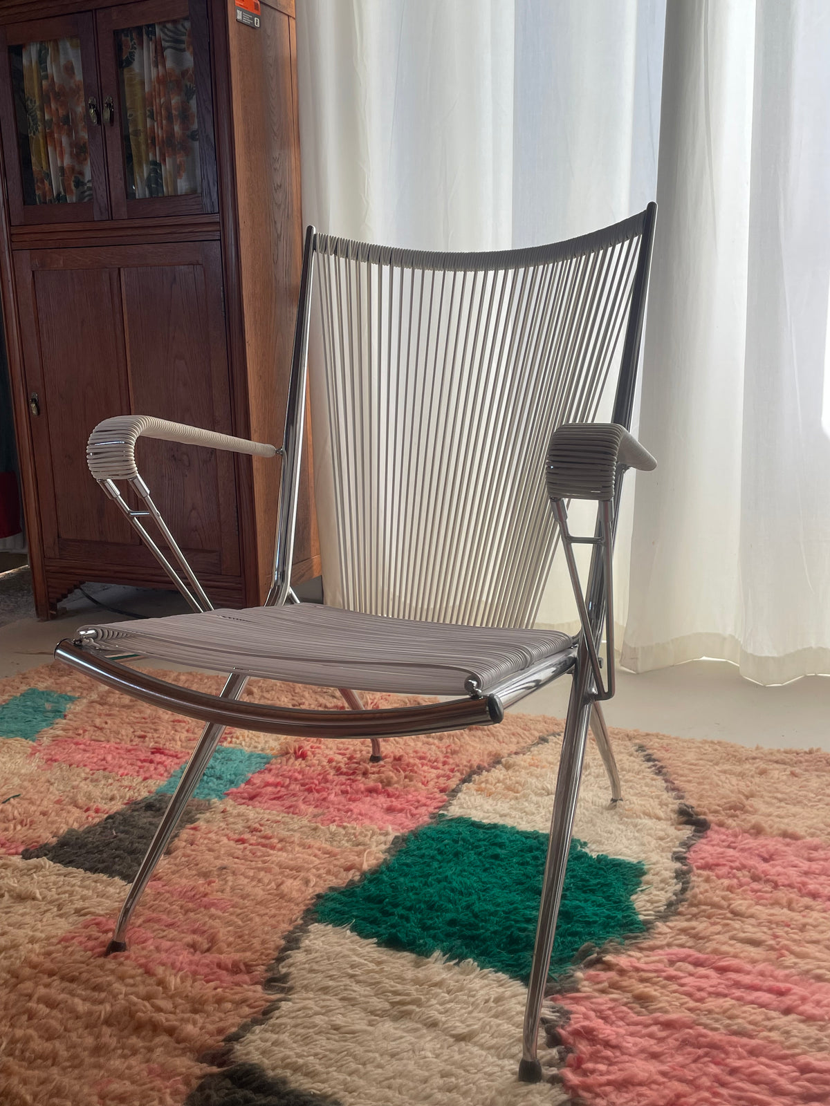 Vintage scoubidou fauteuil met chromen frame – jaren 60/70