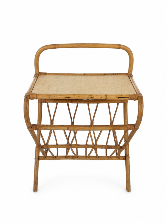 Vintage rotan bijzettafel met lectuurbak